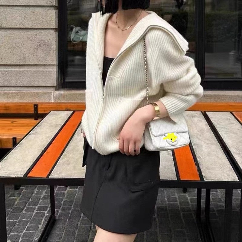 Solid Color Long Sleeve Hooded Pockets Zipper Cardigan Sweater