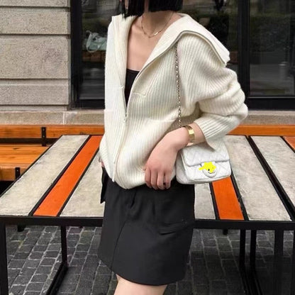 Solid Color Long Sleeve Hooded Pockets Zipper Cardigan Sweater