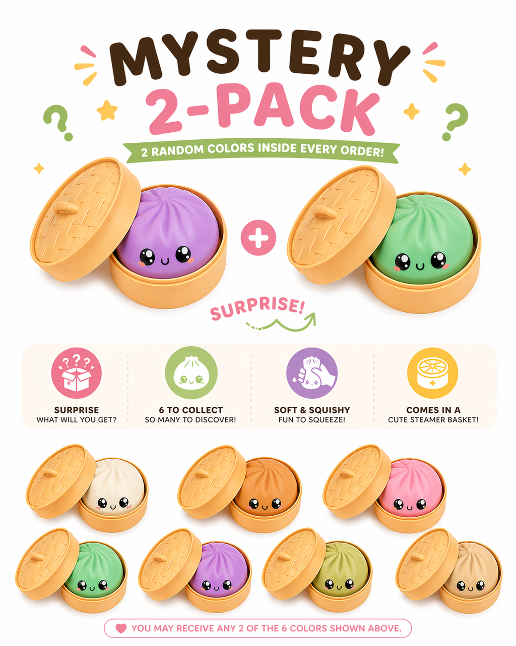 Squishy Dumpling Toys Mystery 2-Pack – Stress Relief Squeeze with Bamboo Steamer Basket, Random Colors Surprise Gift for Kids & Adults