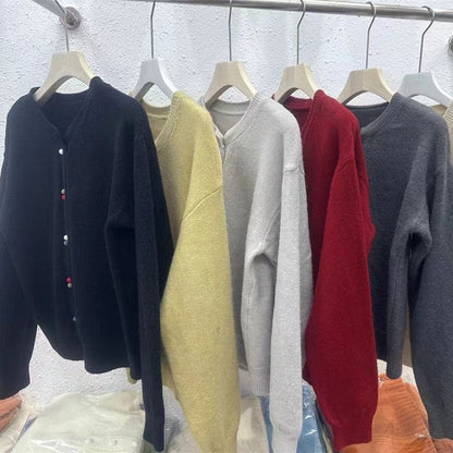 Solid Color Long Sleeve Crewneck Buttoned Short Cardigan Sweater