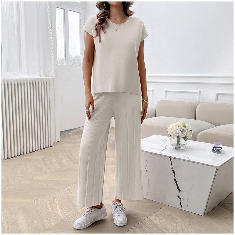 Solid Color Casual Knit Short Sleeve Sweater and Trouser Set