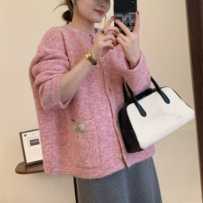 Solid Color Round Neck Single Breasted Knit Cardigan