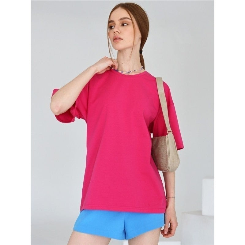 Casual Loose Solid Color Cotton Crewneck T-Shirt
