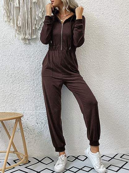 Skinny Elasticity Split-Joint Zipper Hooded Jumpsuits