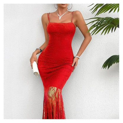 Stylish Lace Sling Dress in Solid Color