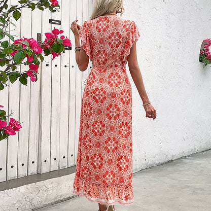 Floral Print Wrap Style V-Neck Dress
