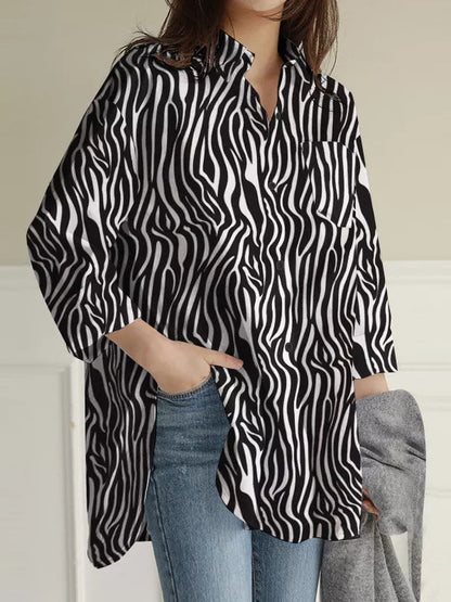 High-Low Long Sleeves Buttoned Pockets Split-Side Zebra-Stripe Lapel Blouses&Shirts Tops