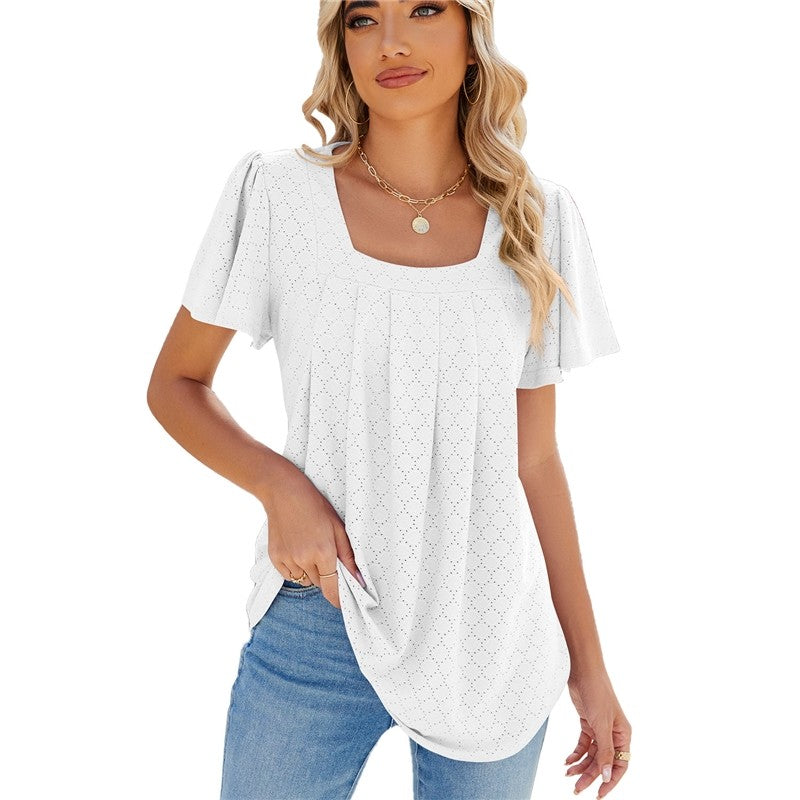 Solid Color V-Neck Pleated Short Sleeve Loose Fit T-Shirt