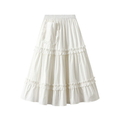 Elegant Solid Color Elastic Waist Ruffled A-Line Skirt