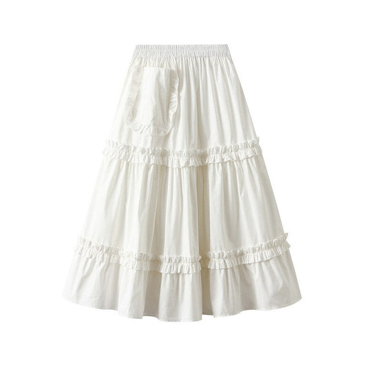 Elegant Solid Color Elastic Waist Ruffled A-Line Skirt