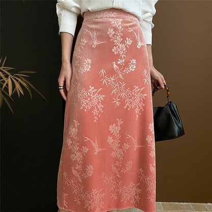 Velvet Half Skirt with Floral and Bird Embroidery