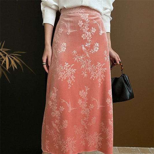 Velvet Half Skirt with Floral and Bird Embroidery