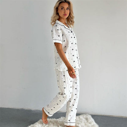 Home Wear Set: Printed Short Sleeve Top with Long Pants