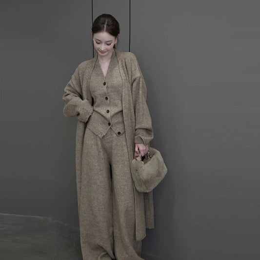 Solid Color Long Sleeve Cardigan Vest Long Pants Knit Set