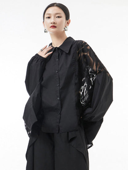 Urban See-Through Lace Split-Joint Lapel Blouse