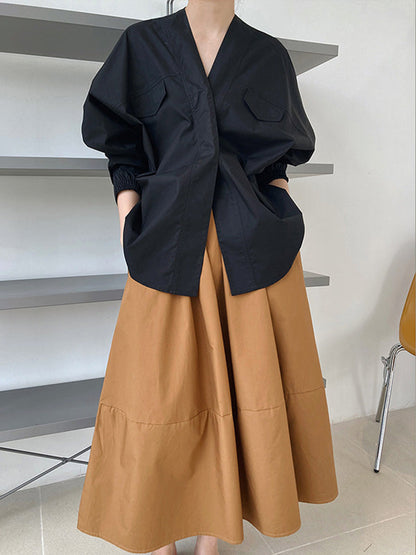 Trendy Batwing Sleeves Solid Color V-Neck Blouses