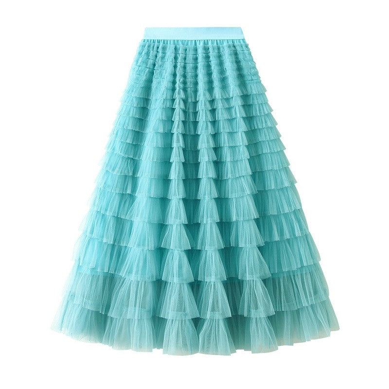 Layered Ruffled A-Line Mesh Cake Skirt with Elastic Waist - Solid Color