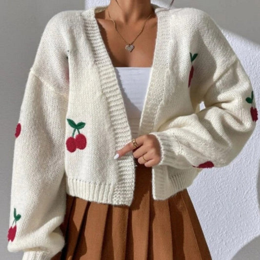 Loose Fit Embroidered Knit Cardigan Without Buttons