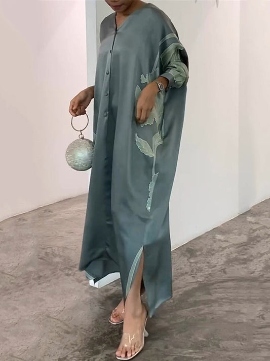 Long Sleeve Buttoned Muslim V-Neck Midi Dress with Contrast Color Flower & Leaves Print