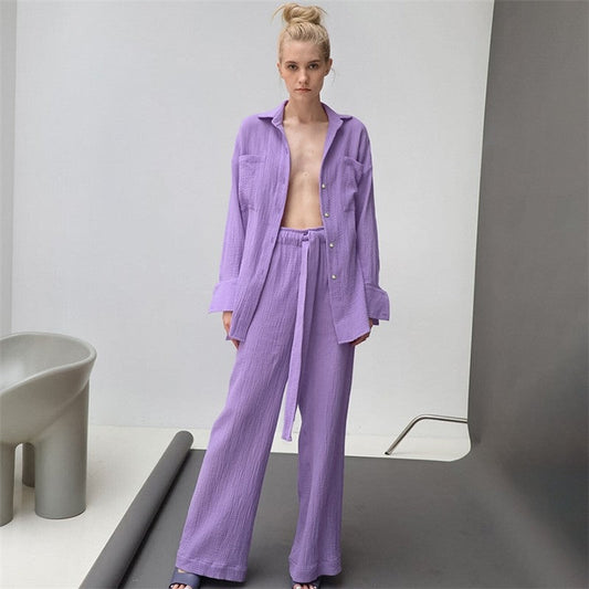 Solid Color Loose Long Sleeve Lapel Buttoned Waist Tied Blouse and Pants Two-Piece Loungewear Set
