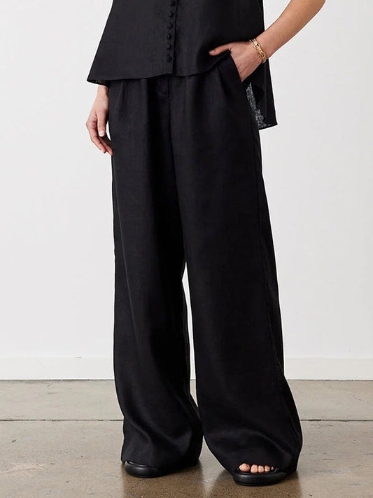 High Waisted Loose Pockets Solid Color Pants Trousers