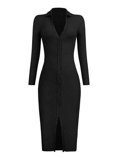 High Waisted Long Sleeves Buttoned Solid Color Lapel Midi Dresses