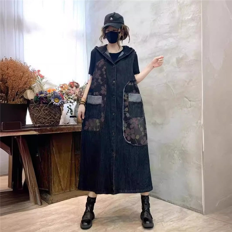 Vintage Loose Fit Hooded Denim Vest With Printed Pattern