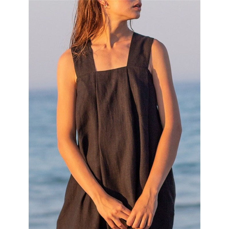 Linen Sleeveless Loose Mandarin-Collar Maxi Dress