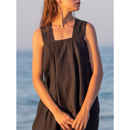 Linen Sleeveless Loose Mandarin-Collar Maxi Dress