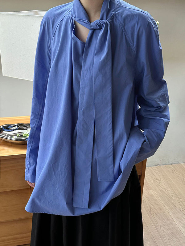 Long Sleeves Loose Solid Color Split-Joint Streamer High Neck Blouses