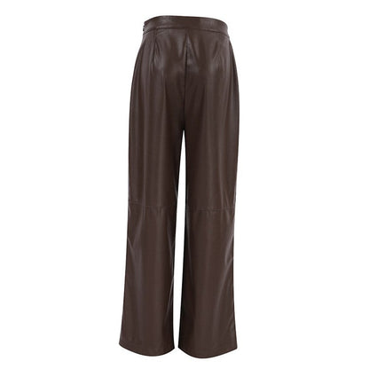 High Waisted Solid Color Straight Leg Faux Leather Pants