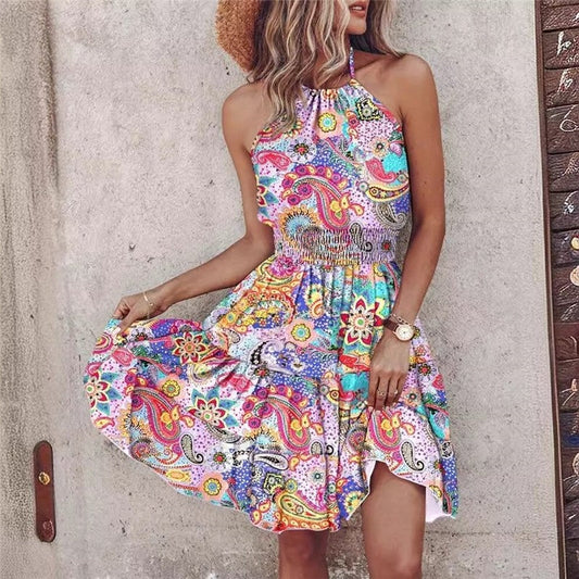 Stylish Off-Shoulder Halter Neck Print Dress