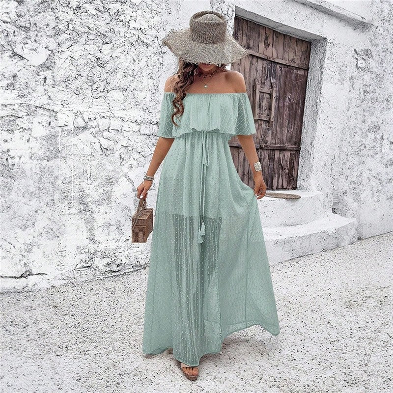 Chic Off-Shoulder Slit Dress in Solid Color