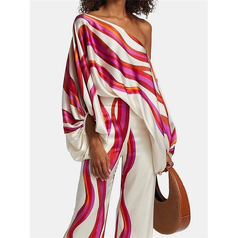 Printing Boat Neck Balloon Sleeve Top And Wide Leg Pants Two Pieces Suits