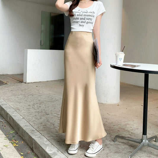 High Waisted Satin Fishtail Maxi Skirt