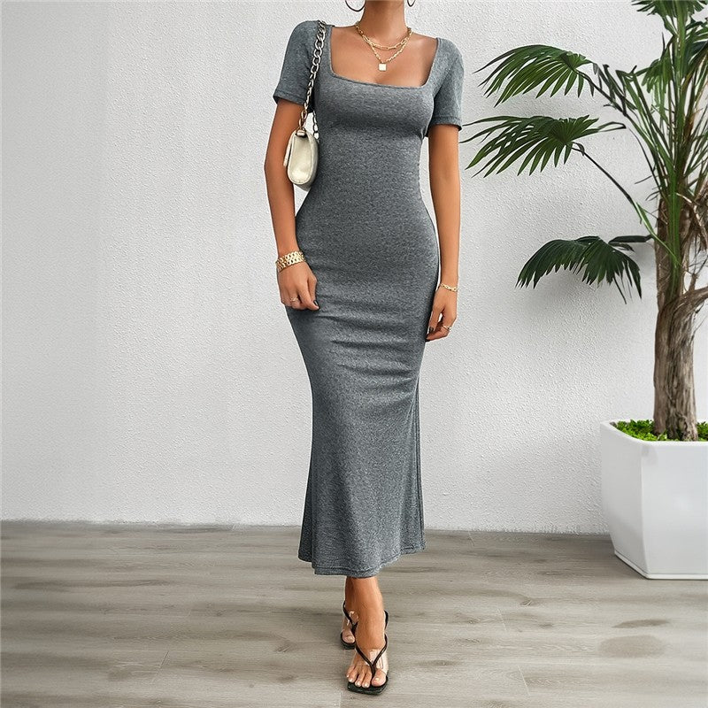Stylish Solid Color Slim Fit Short Sleeve Dress