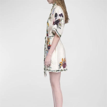 Floral Print Short Sleeve Dress with Ribbon Accent