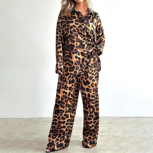 Leopard Print Long Sleeve Top and Trousers Ensemble