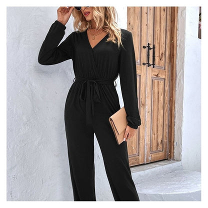 High-Waisted V-Neck Long Sleeve Belted Jumpsuit