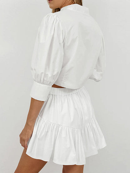 Half Sleeves Loose Buttoned Pleated Solid Color Split-Joint Stand Collar Blouses Top +  Skirts Bottom Two Pieces Set