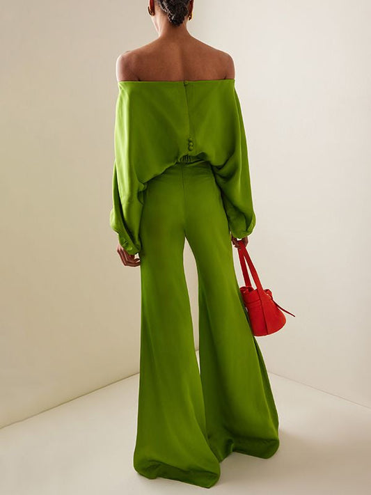 Solid Color Batwing Sleeves Off-The-Shoulder Blouse with Split Detail