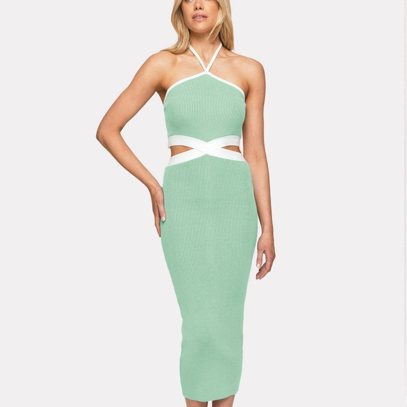 Contrast Color Sleeveless Halterneck Backless Hollow Bodycon Maxi Dress