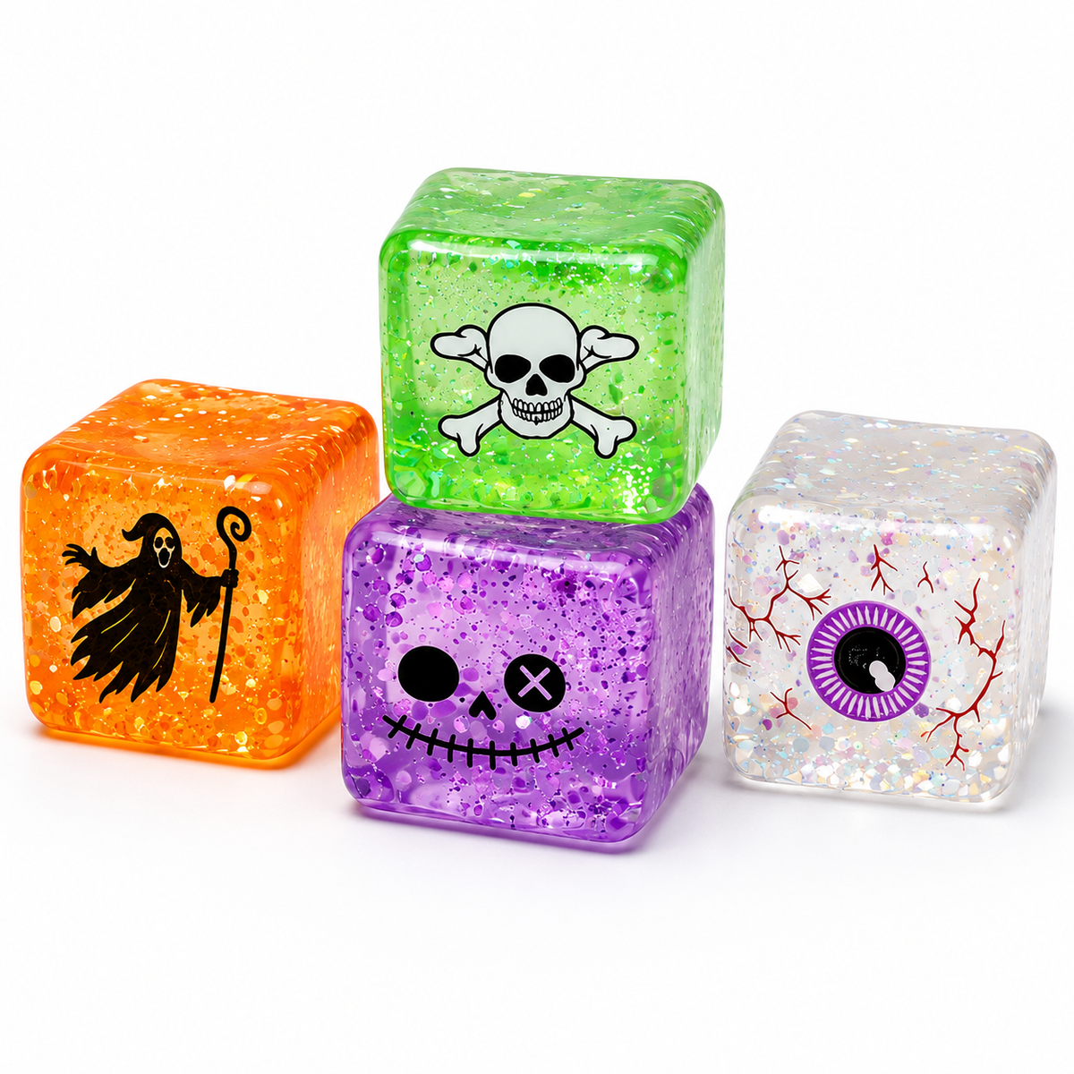 Halloween Squishy Jelly Cube 2-Pack Mystery Set – Glitter-Filled Slow-Rising Stress Relief Fidget Cubes | 4 Spooky Designs | 1.5" | Party Favors & Gifts