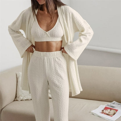 Casual Loose Knitted Solid Color Bralette and Long Sleeve Sweater with Waist Tie, Outerwear, and Pants Three-P