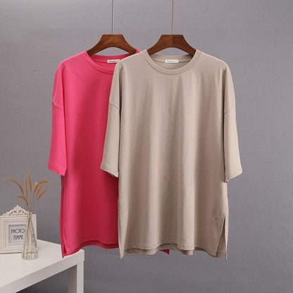 Casual Loose Crewneck T-Shirt with Side Slit - Solid Color