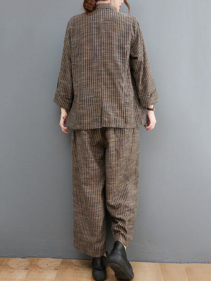 Vintage Ramie Cotton Notched Collar One Button Suits+Column Pants 2 Pieces Set