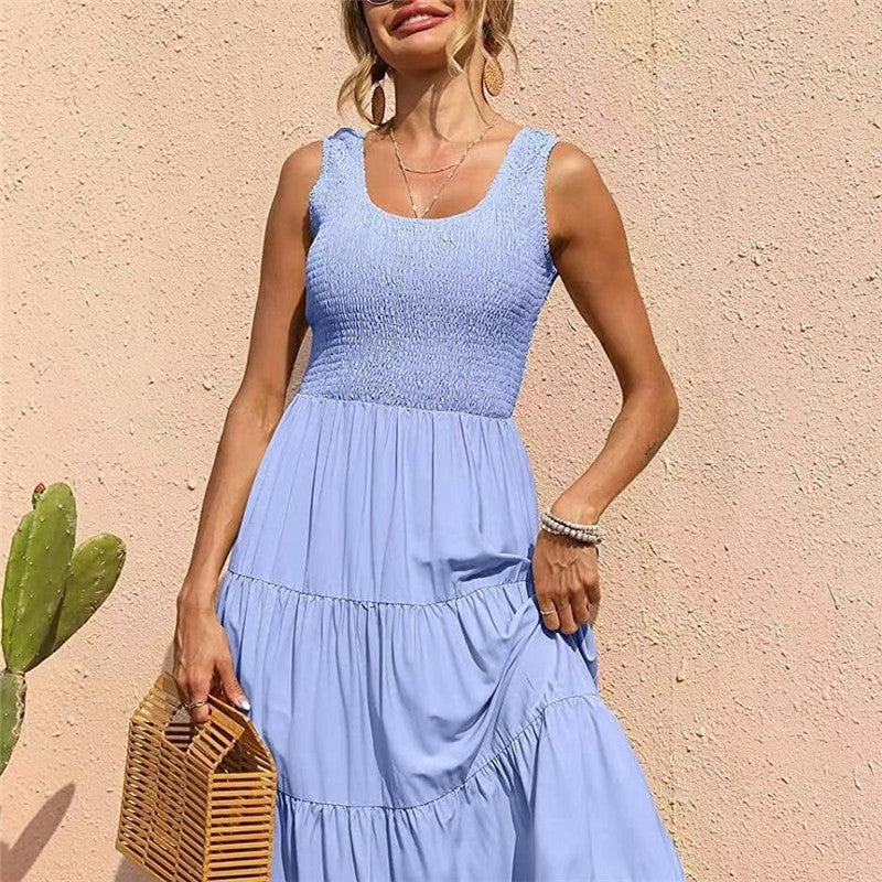 Solid Color Pleated Halter Swing Dress