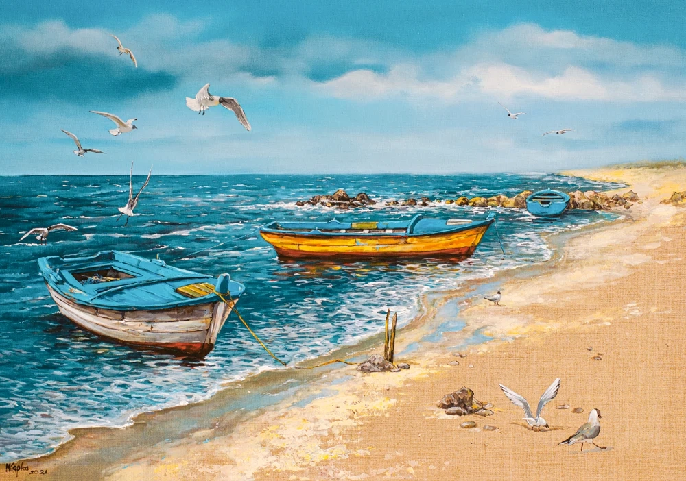 500 Piece Jigsaw Puzzle, Morning at the Seaside, Art Collection, Coastal Fishing Boats, Oil Painting, Fine Art jigsaw, Seaside, Adult Puzzle, Castorland B-53919