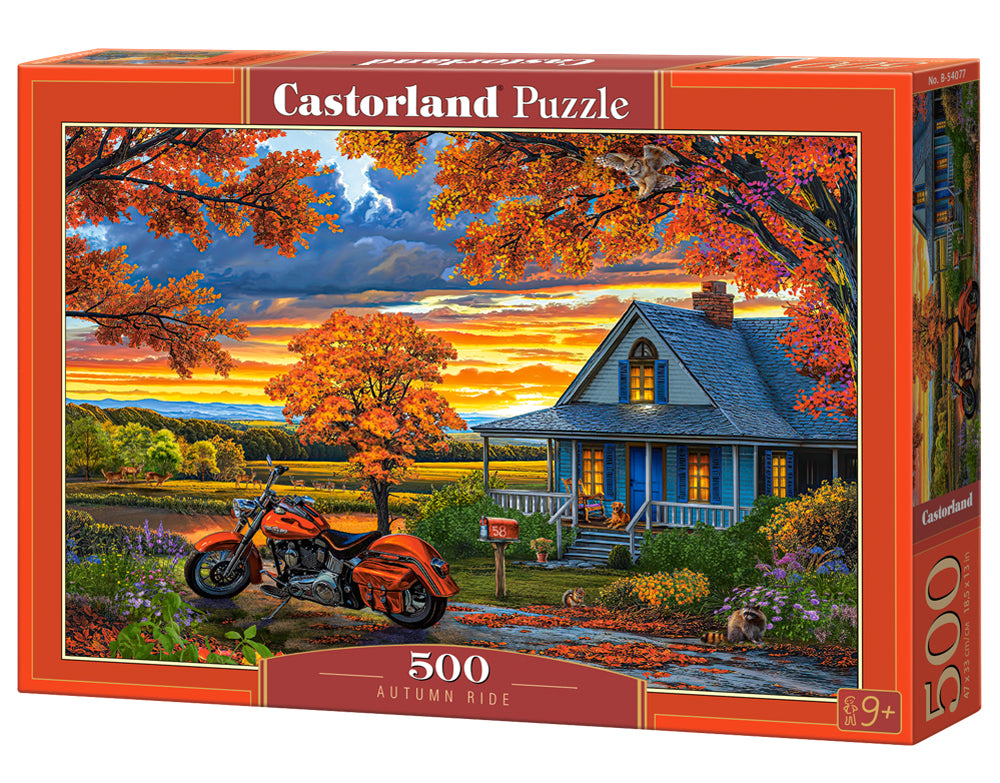 500 Piece Jigsaw Puzzle, Autumn Ride, Motorcycle and a sky ablaze with sunset colors, Classic America, Adult Puzzle, Castorland B-54077