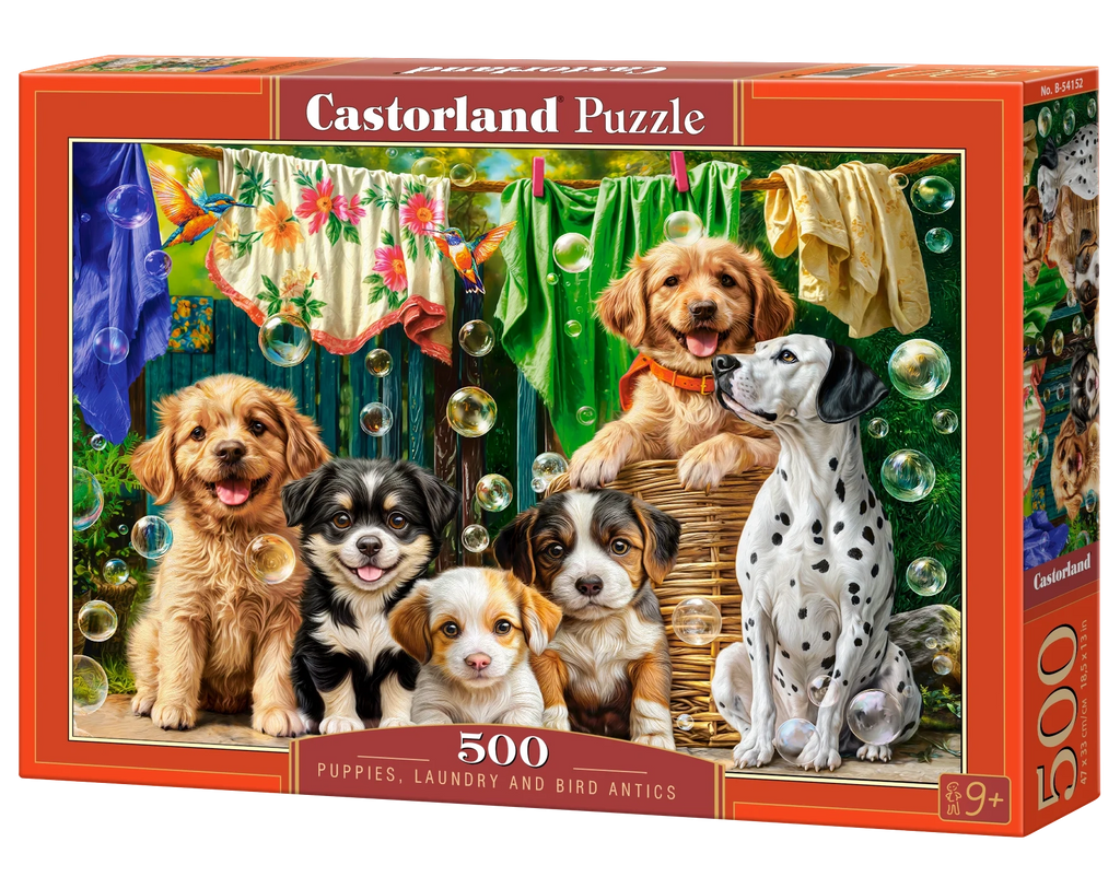 500 Piece Jigsaw Puzzle, Puppies, Laundry and Bird Antics, Puppies, Dogs, Golden Retriever, Dalmatian, Bubbles, Animal jigsaw, Adult Puzzle, Castorland  B-54152
